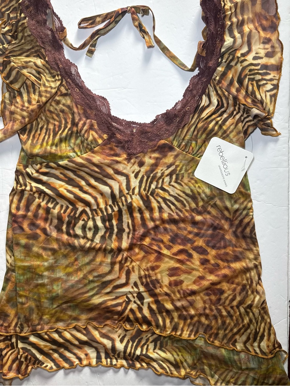 Rebellious Animal Leopard Print Lace Mesh Top Y2K - Size XL - NWT
